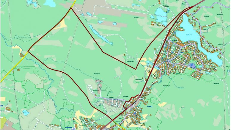 Pyyryväisen osayleiskaavan alustava rajaus. Alue pitää sisällään Jäälin ohikulkutien varauksen ja Välikylän yrityspuiston. Vireillä olevan vaihemaakuntakaavan luonnoksessa on esitetty ohikulkutien varausmerkinnästä luopumista. (Kuva: Oulun kaupunki/OAS)