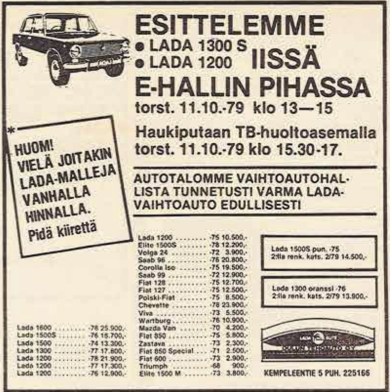 Lada oli 1970–80-lukujen taitteessa Suomen myydyin auto yli 10 000 kappaleen rekisteröinnillä. Ilmoitus Rantapohjassa 11.10.1979.