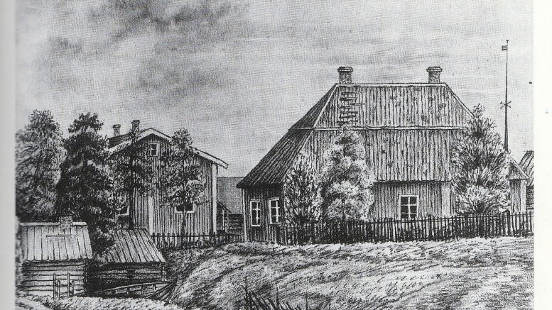 Kirkkoherra Gustaf Fabriciuksen rakennuttama pappila, jossa kuningas Adolf Fredrik yöpyi kesällä 1752. Iin ensimmäisen tyttöjen kansakoulun opettaja Olga Nymanin piirros v. 1877. Museovirasto.