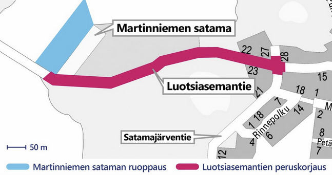 Satama-alue suljetaan ruoppaustöiden ajaksi kevääseen asti ja tietyöt Luotsiasemantiellä aiheuttavat poikkeuksellisia liikennejärjestelyjä loppukesään saakka. Kartta: Yhdtyskunta- ja ympäristöpalvelut.