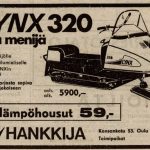 Hankkija mainosti Rantapohjassa 13.2.1975 – kelkkailukaudella – Lynx-moottorikelkkaa. Hinta 5 900 markkaa tarkoittaisi Tilastokeskuksen valuuttamuuntimen mukaan tänä päivänä 5 895,57 euroa.